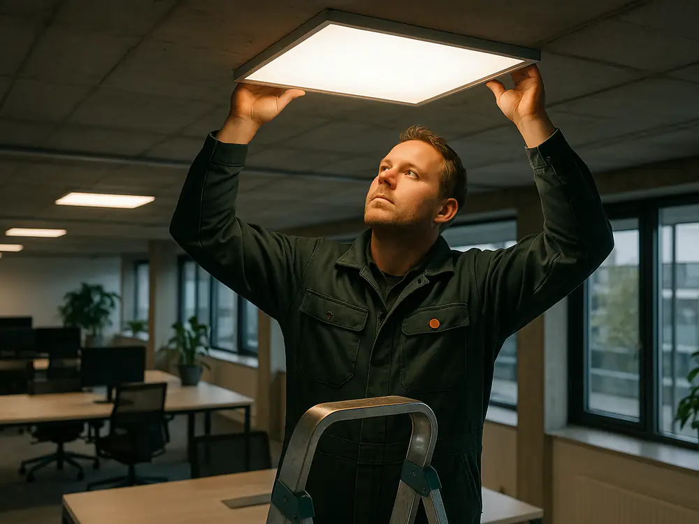 Elektricien plaatst vroeg in de ochtend ledpanelen in het plafond van een kantoor