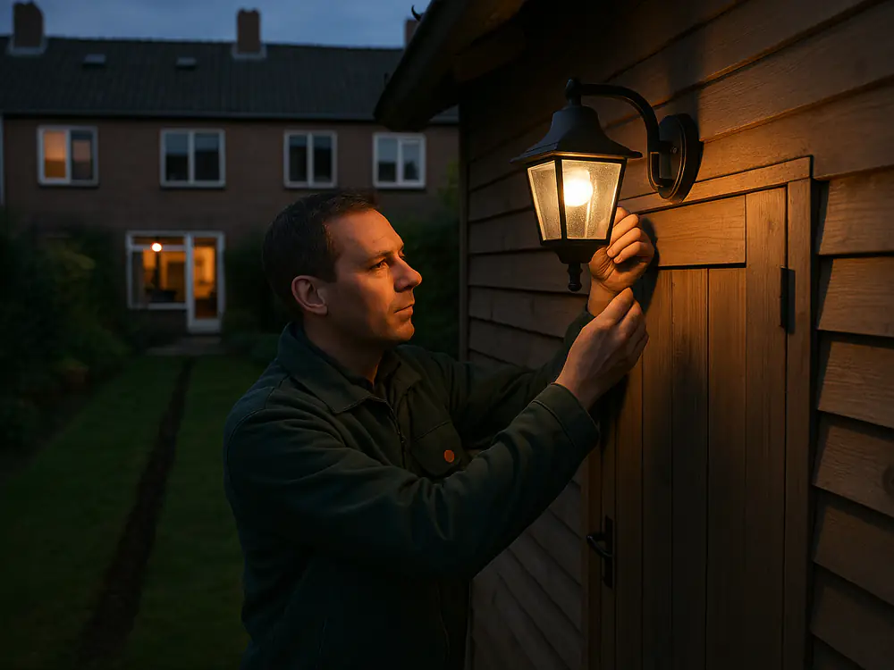 Elektricien hangt een buitenlamp op bij de schuur, met een vers dichtgemaakte sleuf voor de grondkabel in het gras