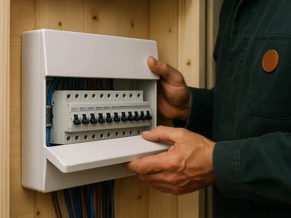 Elektricien zet de kap op een nieuwe groepenkast met aardlekschakelaars