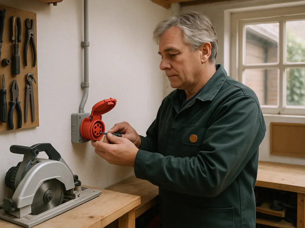 Elektricien monteert een rood krachtstroomstopcontact naast een werkbank in de garage