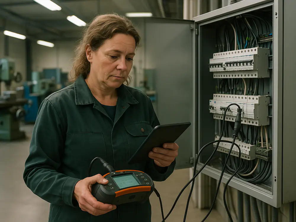 Inspecteur meet een verdeelinrichting in een werkplaats door met een installatietester en tablet