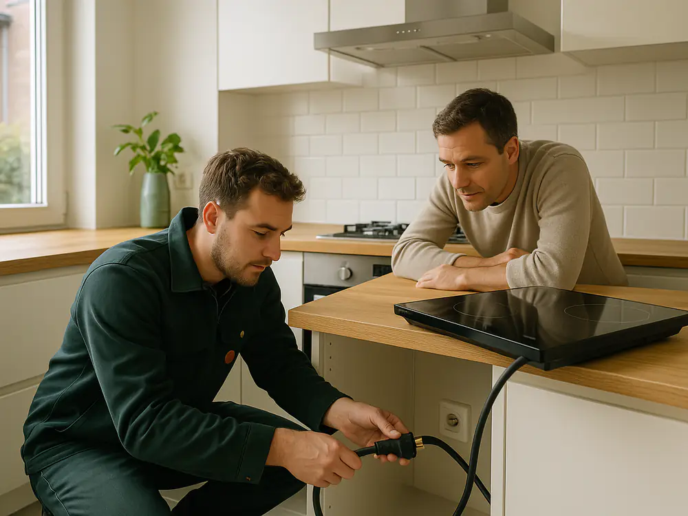 Elektricien sluit in een moderne keuken een inductiekookplaat aan op de perilexaansluiting