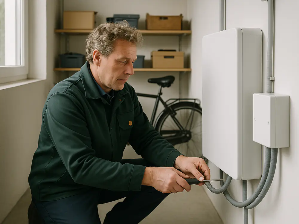 Elektricien sluit een thuisbatterij aan de muur van de garage aan op een eigen groep