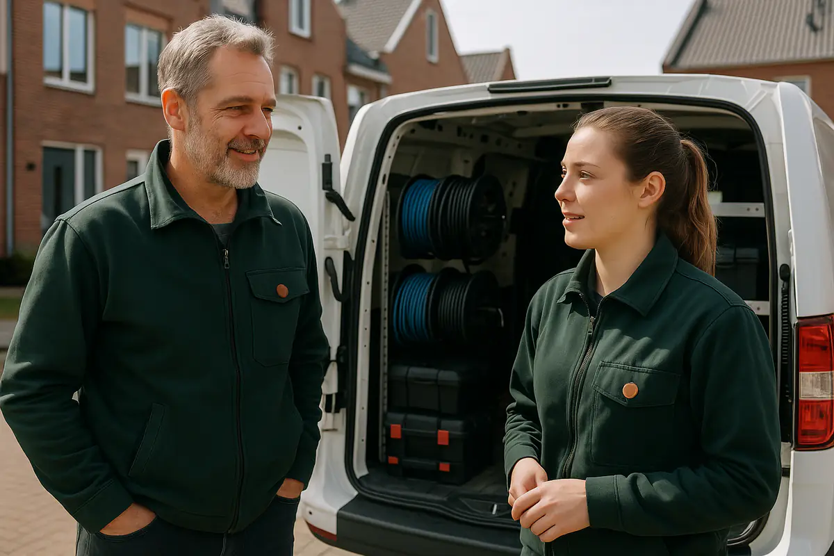Twee elektriciens bij een bedrijfsbus met kabelhaspels en gereedschapskisten